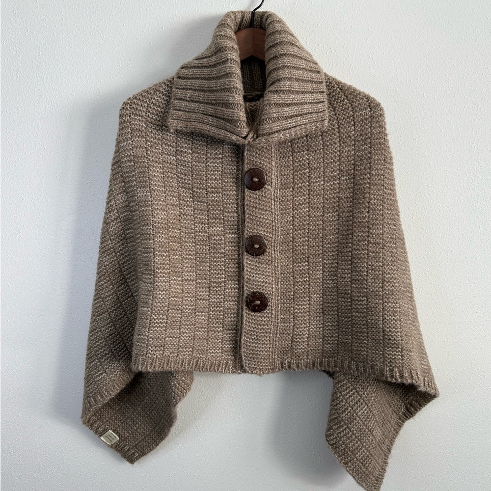 Chunky Knit Poncho Cardigan Taupe Shawl Collar Cape Sweater Cozy